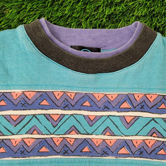 Vintage 90s MOD Aztec Sweatshirt Womens XL 23x24 Blue USA - Picture 10 of 11